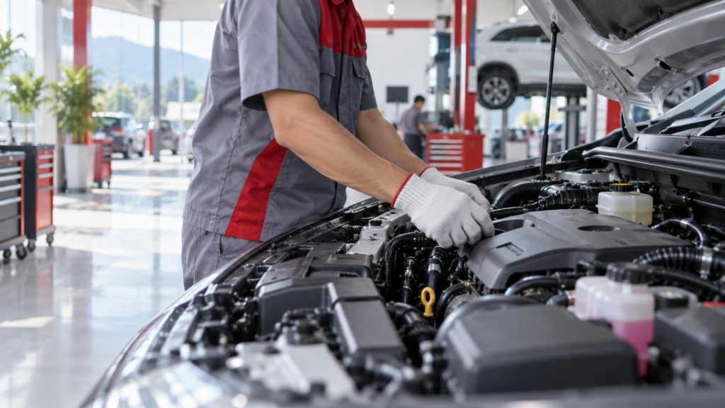 Mekanik memeriksa ruang mesin mobil Toyota di bengkel resmi